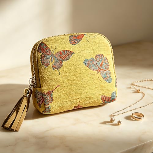 Women's Coin Purses Velvet Mini Travel Jewelry Case Bag with Tassel - color: B-Tan Butterfly