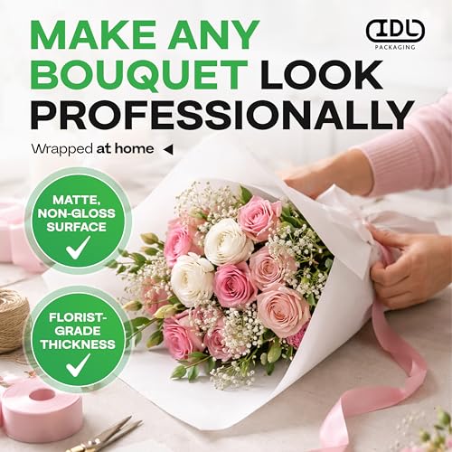 IDL Packaging White Flower Wrapping Paper, 18"x1200" (100 feet) - USA-Made Premium 50lb Thick Bouquet Wrapping Paper - Elegant Flower Wrap Roll for Weddings, Ceremonies & Special Events - color: White, size: 18" X 100 Feet
