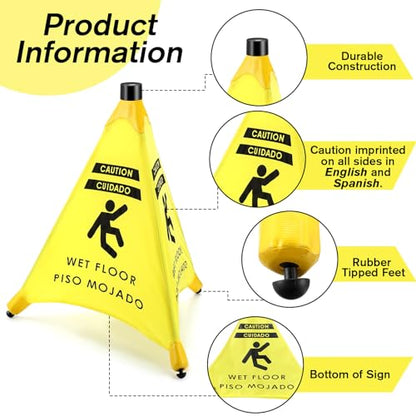 Ceenna 4 Pcs 19.5 Inch Wet Floor Sign Pop-up Safety Cone with Storage Tube Wet Floor Symbol Yellow Warning Sign for Retail, Grocery, Office, Cinema, Restaurant, Mall