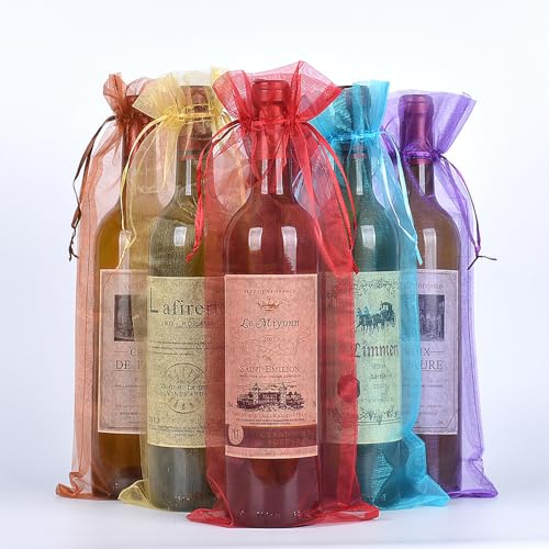 WLEAD Organza Wine Bags 14.9 x 5.9 Inch Drawstring Sheer Mesh Wine Gift Pouches, Reusable Wine Bottle Wrap Covers for Wedding Baby Shower Christmas Halloween Thanksgiving Festival Gift Decor, White