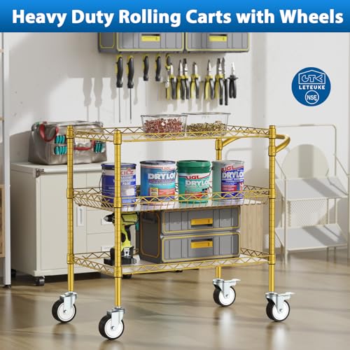 Leteuke 3 Tier Rolling Carts with Wheels, Heavy Duty Rolling Utility Cart - color: Gold