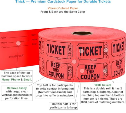Tacticai 1000 Raffle Tickets, 50/50 Double Roll, Red - color: A - Double Roll - 1,000 Tickets - Keep - Red