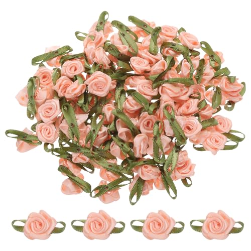 MECCANIXITY 100pcs Apricot Ribbon Roses 5/8"x1-3/16" Mini Roses for Crafts Little Satin Bows Roses Artificial Flowers - color: Apricot