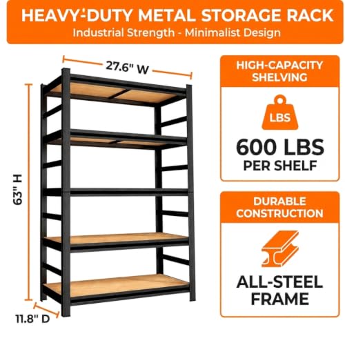 Wood Garage Shelving, Heavy Duty Storage Shelves with Anti-Fall Rails - size: Wooden-63''H*28''W*12''D