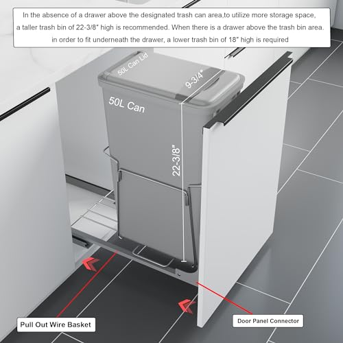 Dowell B15 Aluminum Base Wastebasket Pullout with Door Mount and 50Qt/13Gal Plastic Bin (4012 0115+50) - size: Single Pull-Out - 50Qt