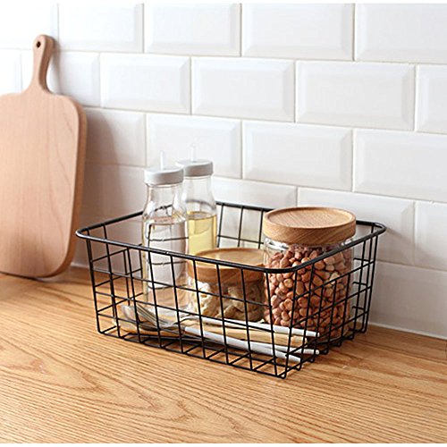 Sturdy Small Wire Storage Basket with Kitchen Food Pantry Papers Home Office Desk Shelf Bathroom Laundry Room Shelf Bedroom Bed Room - color: 1PC-Black