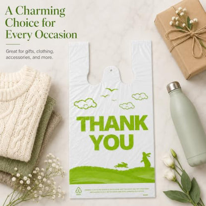 YoYoRain 1000 Count White Thank You T-Shirt Bags, 11 x 6 x 21 in - color: white green
