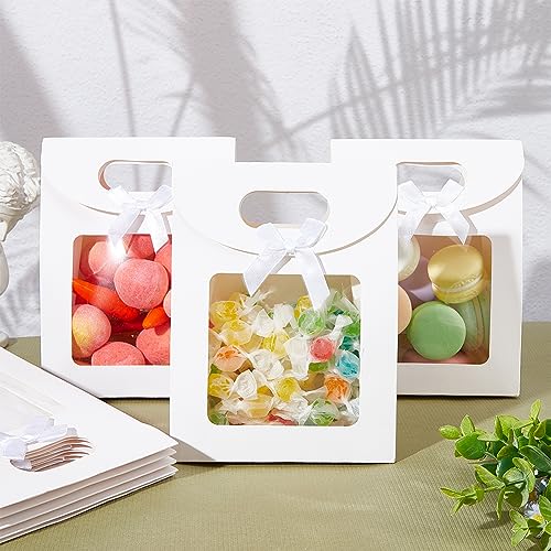 NBEADS 24 Pcs Small White Kraft Paper Bags with Window, 6.3x4.72x2.44inch Stand Up Gift Bag with Handles and Bowknot for Cookies Packaging Wedding Christmas Party Store Retail - color: White-24Pcs-l.w.h:4.72x2.44x6.3"