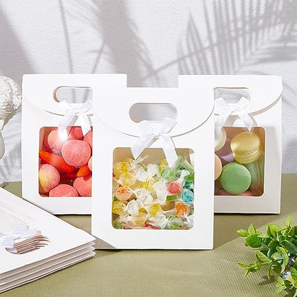 NBEADS 24 Pcs Small White Kraft Paper Bags with Window, 6.3x4.72x2.44inch Stand Up Gift Bag with Handles and Bowknot for Cookies Packaging Wedding Christmas Party Store Retail - color: White-24Pcs-l.w.h:4.72x2.44x6.3"