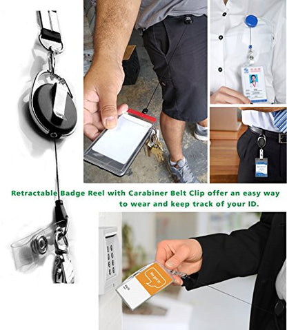 ID Card Case + Heavy Duty Lanyard (Red)+ Badge Holder Retractable Reel Carabiner and Plastic Clip (Soft Genuine Leather Case) - color: Red