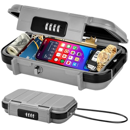 Portable Travel Safe Lock Box 4-Digit Combination Mini Safe Box, Anti-Theft Beach Security Lockbox Waterproof Small Lockable Box with Removable Wire Rope for Dorm Beach Hotel Car Home Office - color: Grey