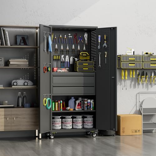 Metal Garage Storage Cabinet with Wheels, 2 Internal Drawers - color: Black, size: 15.5"D x 30"W x 71"H