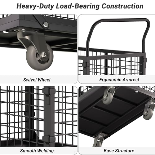 5-in-1 Folding Platform Truck, Cage Truck, 1800LBS Heavy-Duty Utility Cart & Industrial Push Cart Dolly, U-Boat Trolley, Folding Flatbed Trolley, Steel Base for Garage, Grocery, Laundry, Storage - color: Black