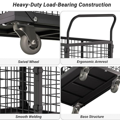5-in-1 Folding Platform Truck, Cage Truck, 1800LBS Heavy-Duty Utility Cart & Industrial Push Cart Dolly, U-Boat Trolley, Folding Flatbed Trolley, Steel Base for Garage, Grocery, Laundry, Storage - color: Black