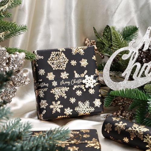 WRAPAHOLIC 3D Kraft Christmas Wrapping Paper Roll - Mini Roll - 17 Inch x 16.5 Feet - Gold and Black Snowflake Wrapping Paper with Embossed Perfect for Christmas, Holiday, Party Celebration - color: Christmas Snowflakes - Black & Gold, size: 17 inch x 16.