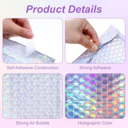 50 Pack Bubble Mailers, Holographic Bubble Mailers with 3 Sizes, Waterproof Self Seal Adhesive Foil Glitter Glamour Shipping Bags for Mailing, Packing, Small Business, Jewelry Makeup Supplies