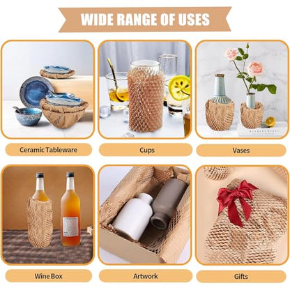12 Inch x 230 Ft Honeycomb Kraft Packaging Paper Roll, Plastic Free Cushioning Packing Paper with Fragile Warning Labels, Recyclable Bubble Wrap Substitute for Household Moving & Business Shipping - color: Brown