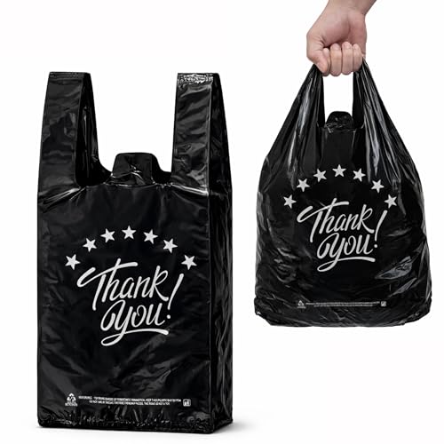 YoYoRain Black Thank you T shirt bag, Grocery shopping bag Reusable and Disposable Supermarket Bag 11''x6''x21'' 200PCS - color: Black