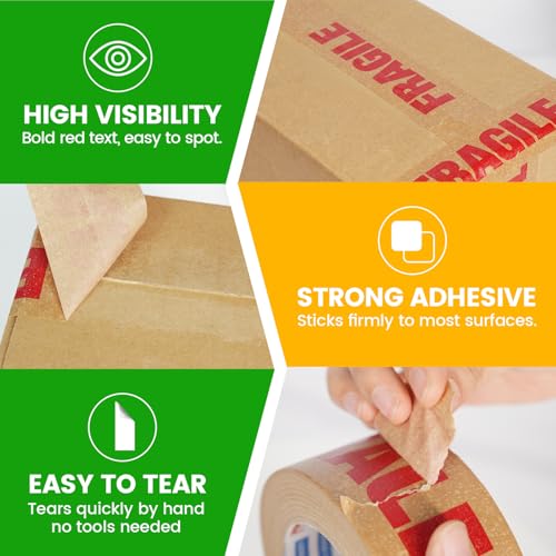 ADHES Fragile Tape, Biodegradable Kraft Paper Tape - 2in x 55yds, 3 Rolls