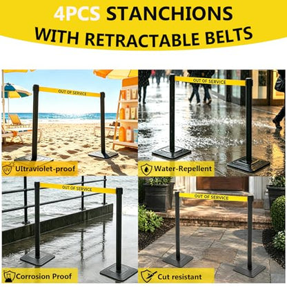 4 Pack Crowd Control Stanchions with 10FT Retractable "Out of Service" Belt - color: OUT OF SERVICE BELT