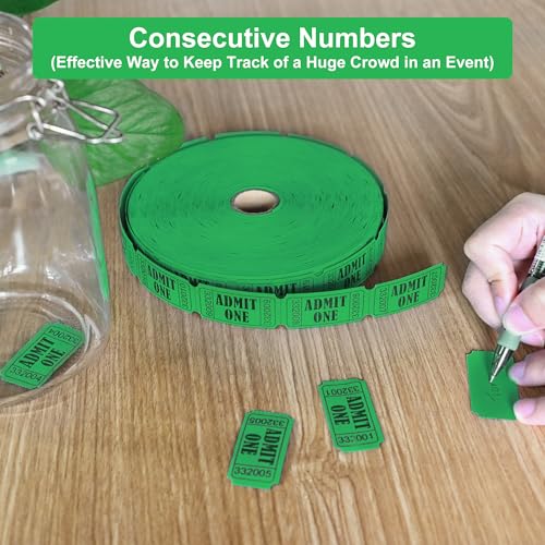 LLIKED 2000 Green Raffle Tickets 1" x 2" Admit One Single Roll - size: 2000 Green