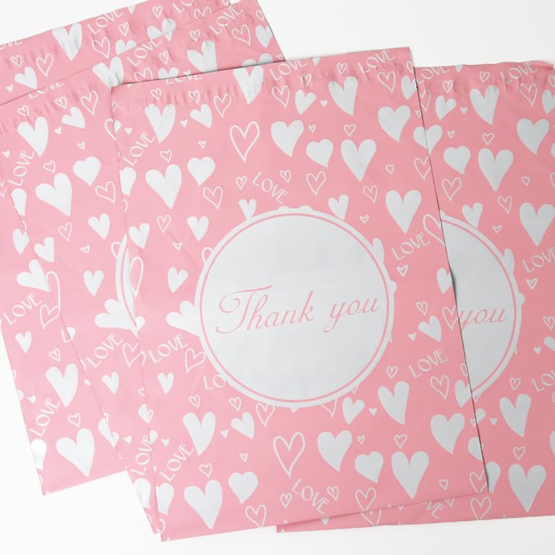 50x Poly Mailers 10x13 Inch Mailing Bags Colorful Thank You Designs with Self Seal Tear & Waterproof Shipping Envelopes for Packaging, Small Business & E-Commerce (Peach Heart Thank You) - color: Peach Heart Thank You