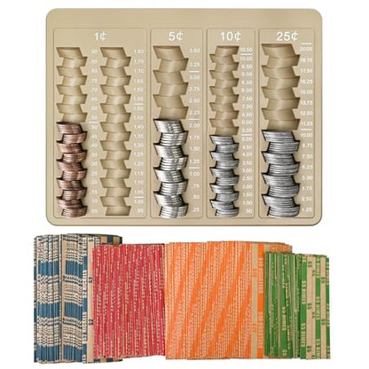 LLIKED 1PCS Brown Coin Counter Tray and Sorting Tray with 150 Coin Wrappers - color: Brown