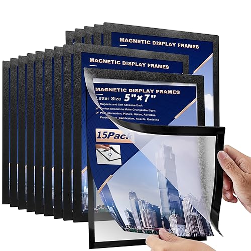 15 Pcs Magnetic Signs Holder, for 5" x 7" Letter, Sturdy PVC Magnetic Document Holder, Magnetic Picture Poster Frame, Can Self-Adhesive Wall/Door/Window or Magnetic for Refrigerator - size: 15 Pcs- 5"×7"