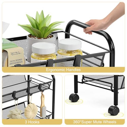 TOOLF 3 Tier Rolling Cart, Metal Utility Storage Cart with Wheels, Black - color: Black, size: 3-Tier