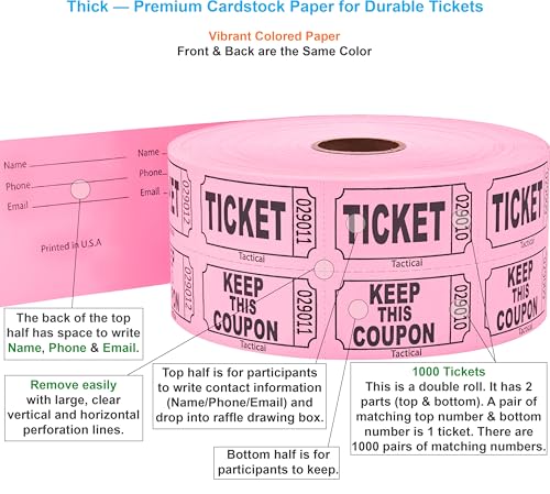 Tacticai 1000 Raffle Tickets, 50/50 Double Roll, Pink - color: A - Double Roll - 1,000 Tickets - Keep - Pink