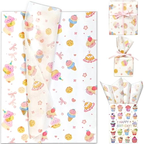 LIAPAWPAW Pastel Birthday Tissue Paper Bulk, Cute Ice Cream Cupcake Wrapping Tissue Paper for Gift Bags & Boxes, Multicolor Dessert Gift Wrap Packaging for Gifting Holiday Art Decor | 30 Sheets 20x14 - color: Pink White With Pastel Accents