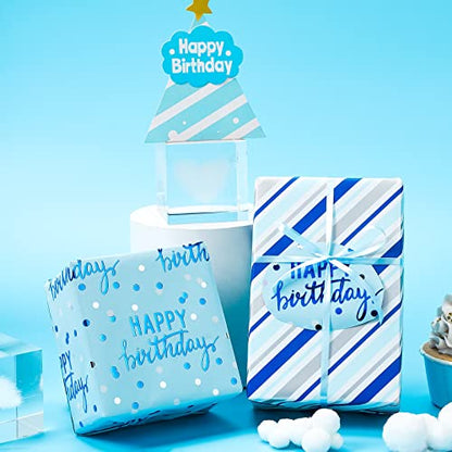 LeZakaa Reversible Blue Birthday Wrapping Paper Roll for Boys Men, Happy Birthday Lettering & Stripe Pattern with Metallic Foil in Blue, Mini Roll, 17 inches x 9.8 Feet - color: Birthday - Metallic Blue, size: 17" X 9.8 ft