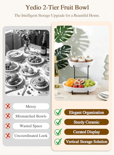 2 Tier Ceramic Fruit Bowl for Kitchen Counter with Black Metal Stand - color: Black, size: 2 Tier