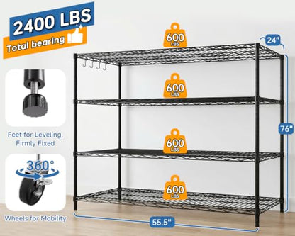 Heavy Duty Garage Shelving with Wheels: 55.5" W x 24" D x 81" H 4 Tier Wire Metal Storage Shelves, Adjustable NSF Commercial Shelf, Rolling Tote Rack Organizer for Pantry, Warehouse, Black - size: 55.5"W x 24"D x 81"H