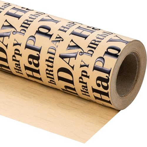 WRAPAHOLIC 3D Kraft Birthday Wrapping Paper Roll - Mini Roll - 17 Inch x 16.5 Feet - Black and Brown Happy Birthday Lettering Design with Embossed Perfect for Holiday, Party Celebration - color: Brown & Black Happy Birthday, size: 17 inch x 16.5 feet