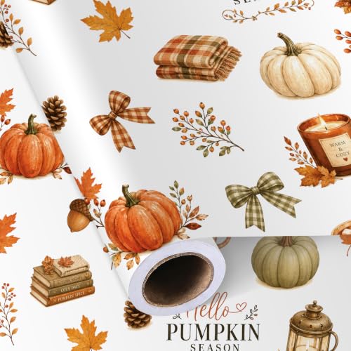 Sikiweiter Fall Pumpkin Wrapping Paper Roll, 17 Inches x 16.5 Feet, Autumn Pumpkin Plaid Bow Maple Leaf Cozy Gift Wrap for Thanksgiving and Fall Harvest(Autumn) - color: Autumn