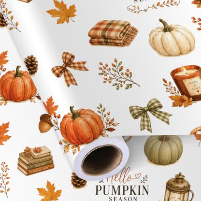 Sikiweiter Fall Pumpkin Wrapping Paper Roll, 17 Inches x 16.5 Feet, Autumn Pumpkin Plaid Bow Maple Leaf Cozy Gift Wrap for Thanksgiving and Fall Harvest(Autumn) - color: Autumn