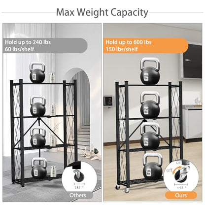 4 Tier Foldable Storage Shelf with Wheels, Metal Steel Collapsible Shelves - color: Black, size: 4 Tier