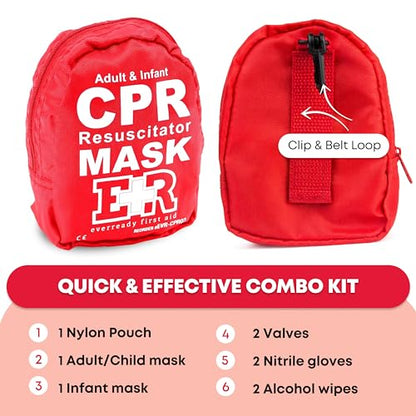 Adult and Infant CPR Mask Combo Kit – Includes 2 CPR Masks with One-Way Valves, Pair of Vinyl Gloves, 2 Alcohol Prep Pads – Portable Emergency CPR Kit – Red