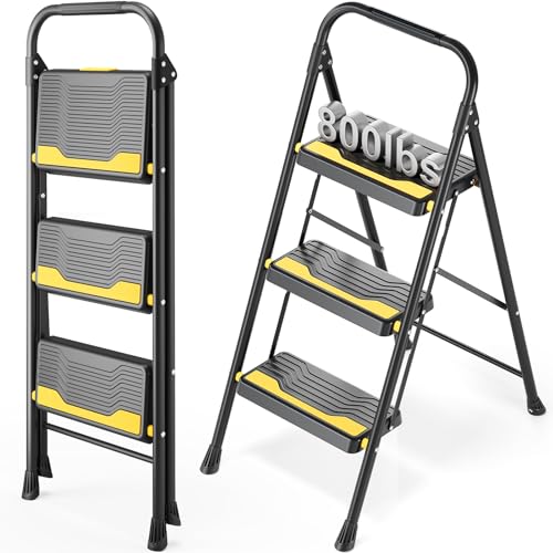 Urackify 3 Step Ladder, Heavy-Duty 800lb Capacity, Wide Anti-Slip Steps & Secure Handrail Compact, Folding Step Stool Portable Design for Home, Kitchen, Office, Pantry, Closet Use, Black - size: 3-step