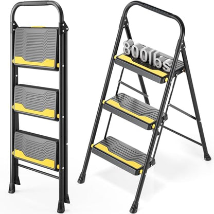 Urackify 3 Step Ladder, Heavy-Duty 800lb Capacity, Wide Anti-Slip Steps & Secure Handrail Compact, Folding Step Stool Portable Design for Home, Kitchen, Office, Pantry, Closet Use, Black - size: 3-step