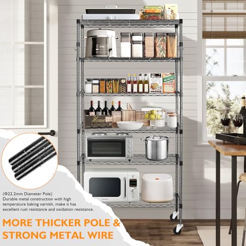 BolDuck 6 Tier Storage Shelves with Wheels, 2100lbs Capacity Heavy Duty Shelving Units, 14x36x75inch Adjustable Metal Shelf Wire Shelving Rack for Garage, Kitchen, Office, Black - size: 6 Tier Shelf