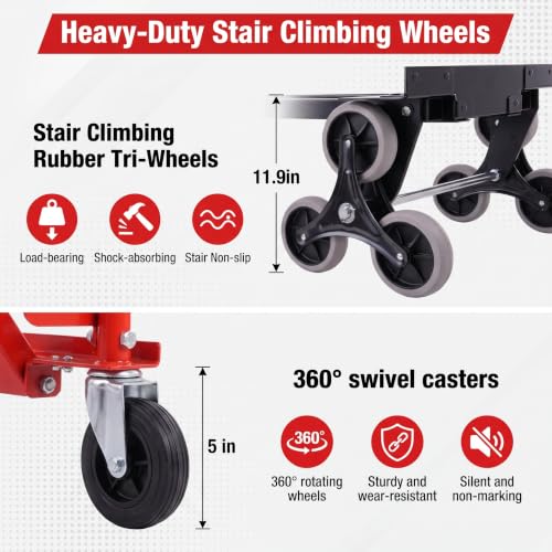 Professional Heavy Duty 1000LBS Stair Climbing Dolly, 4-in-1 Convertible Hand Truck, Upgraded Foldable Utility Moving Cart with Solid Wheels for Warehouse, Office & Home (Red) - color: Red