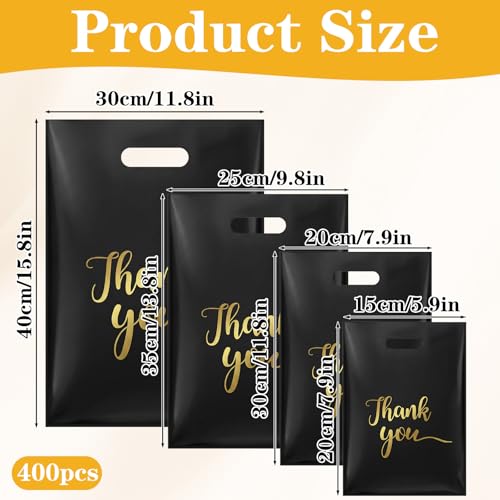 400 Pcs 4 Size Thank You Merchandise Bags, Extra Thick Plastic Retail Shopping Bags with Handles, Black Gift Bag for Small Business, Boutique, Party Favors, Grocery (4 Sizes, 100 Each)