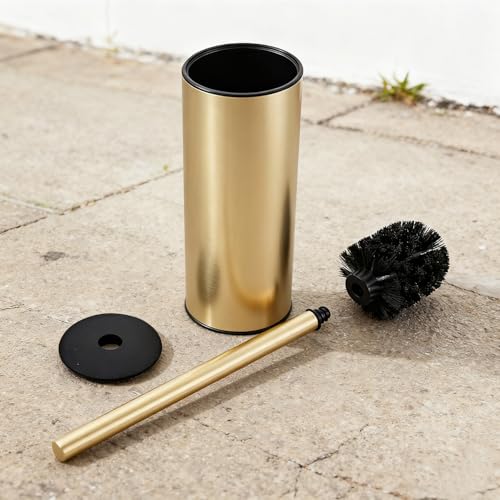 Toilet Brush and Holder Set, NEWRAIN 304 Stainless Steel Toilet Brush with Long Brush Handle, Brushed Gold Toilet Scrubber and Covered Holder, Round Design Sturdy and Space Saving, Covered Brush - color: Brushed Gold