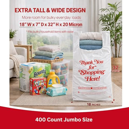 Jumbo Thank You Plastic T-Shirt Bags with Handles, 400 Count, 20 Micron Heavy Duty Grocery & Retail Bags, Large White Carryout Bags, 18" x 7" x 32", for Stores, Takeout & Shopping