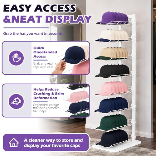 8 Tier Hat Display, Metal Hat Rack Stand Up to 70 Caps for Multiple Hats, Hats Display, White