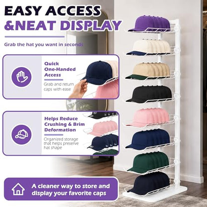 8 Tier Hat Display, Metal Hat Rack Stand Up to 70 Caps for Multiple Hats, Hats Display, White