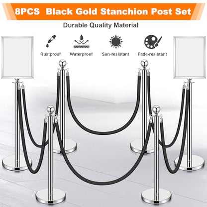 Blulu 8 Sets Stainless Steel Stanchion Set 8 Crowd Control Poles 7 Velvet Ropes and 2 A4 Sign Holders Carpet Ropes and Hollow Base Poles Easy Assembly Safety Barrier for Event Party(Silver)