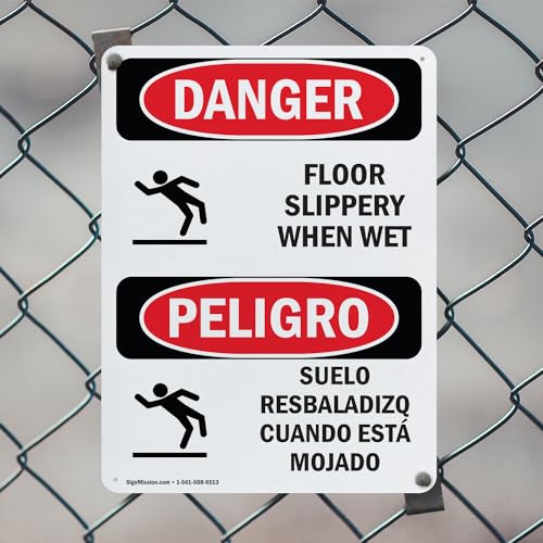 (2 Pack) Floor Slippery When Wet Bilingual OSHA Danger Sign 7 Inch X 10 Inch Plastic Sign, Weather Resistant, UV Protected for Workplace, Business, and Construction Site, Made in the USA